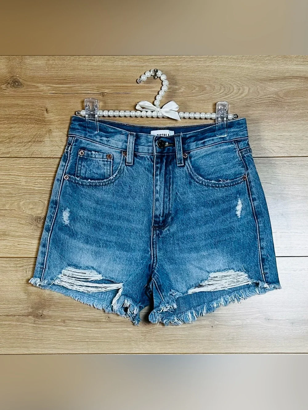 pistola Light Blue Distressed High-Rise Denim Shorts